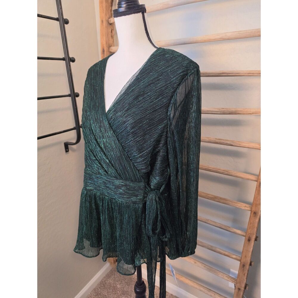 Alex Evenings Woman 1X Metallic Emerald Green Wrap Blouse NWT Formal $139